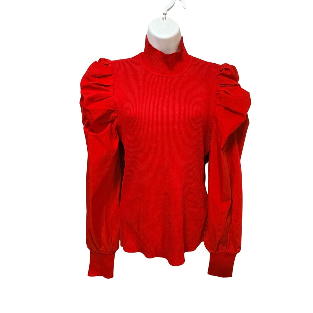New York & Company Red Puff Sleeve Mock Neck Ribbed Knit Top Large